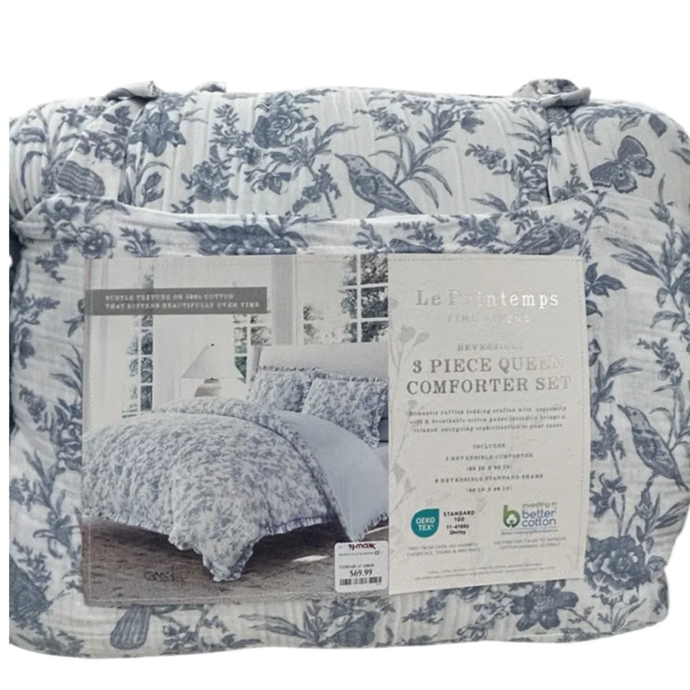 Le Printemps Blue and White Cotton Gauze Reversible Queen Comforter Set 90”x90”